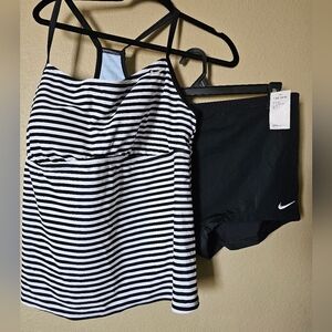 Nike Plus Size Black and White Striped Tankini Set NEW